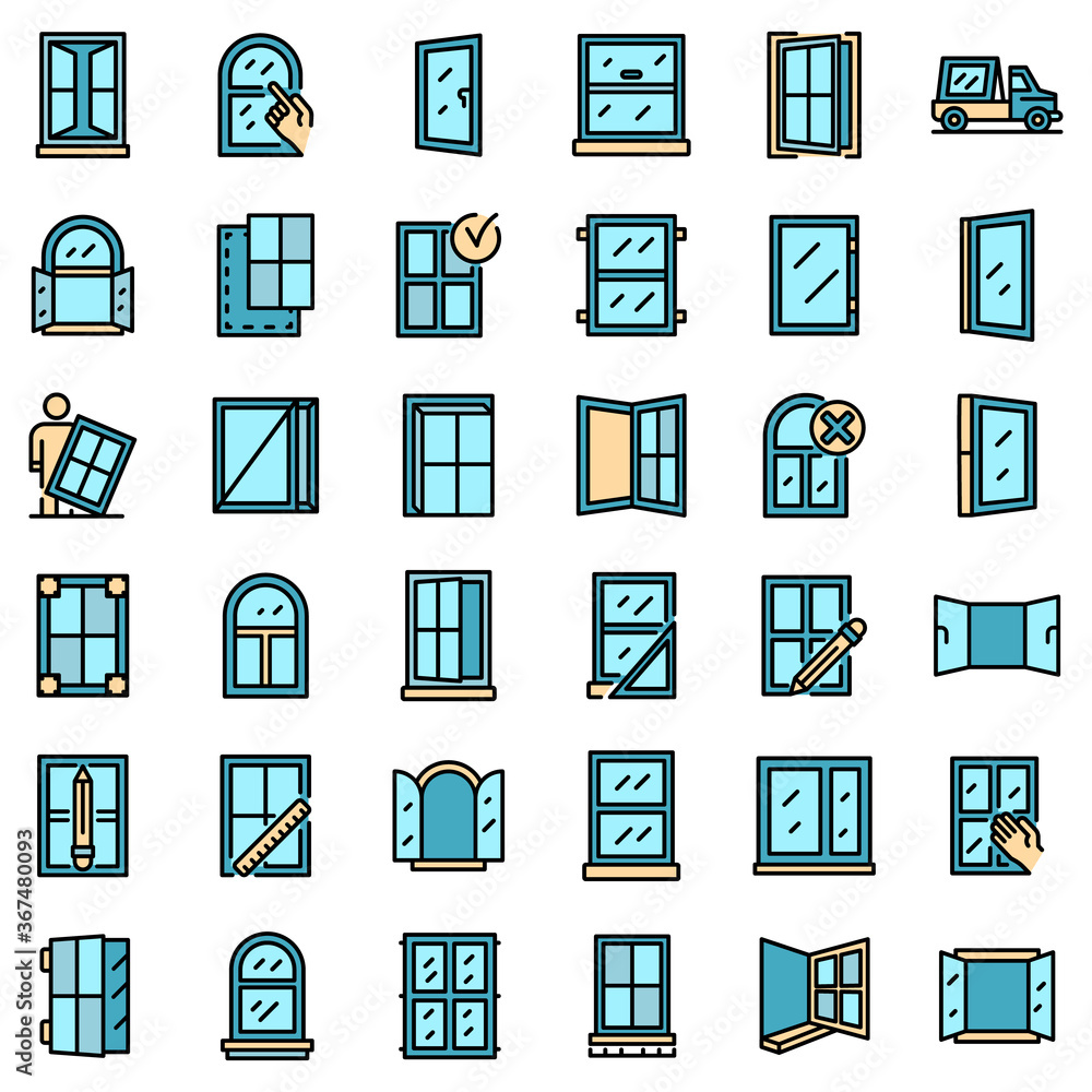 Poster window installation icons set. outline set of window installation vector icons thin line color flat 