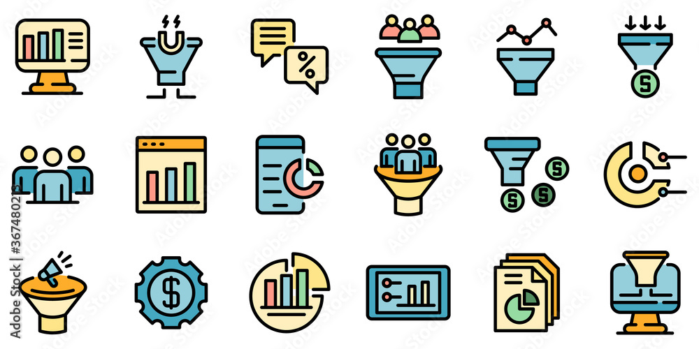 Poster conversion rate icons set. outline set of conversion rate vector icons thin line color flat on white