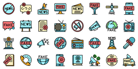 Fake news icons set. Outline set of fake news vector icons thin line color flat on white