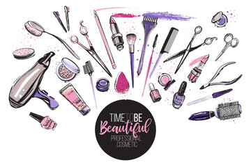 Beauty salon, manicure, makeup, hairdressing poster, flyer, template design. Fashion woman accessory illustration icon logo set isolated vector on white background