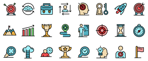 Mission icons set. Outline set of mission vector icons thin line color flat on white