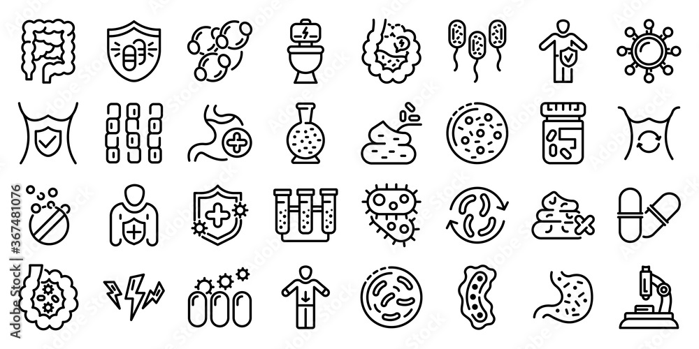 Poster probiotics icons set. outline set of probiotics vector icons for web design isolated on white backgr