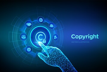 Copyright. Patents and intellectual property protection law and rights. Protect business ideas and headhunter concepts. Robotic hand touching digital interface. Vector illustration.