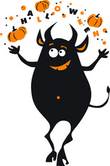 Little devil juggling pumpkins. Illustration for Halloween.