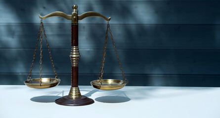 Law and Justice, Legality concept, Justice scale on a wooden background,