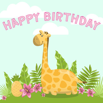 cute happy birthday card with giraffe. vector 
