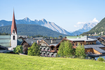 Alpine landscape with Pfarrkirche, Seefeld, Austria