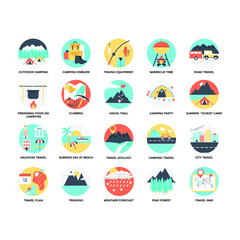 Flat Icon Set of Outdoor, Traveling and Camping