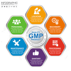 GMP-Good Manufacturing Practice, 6 heading of infographic template with sample text.