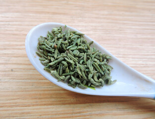 Spice - Fennel seeds. Fennel (Foeniculum vulgare) is a flowering plant species in Apiaceae family. It is a highly aromatic and flavorful spice used in cookery.