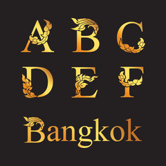 Golden elegant letter A, B, C, D, E, F with Thai art elements. Vector
