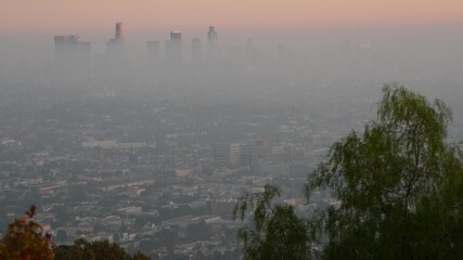 Highrise skyscrapers of metropolis in smog, Los Angeles, California USA. Air toxic pollution and misty urban downtown skyline. Cityscape in dirty fog. Low visibility in city with ecology problems