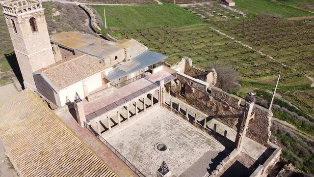 Aerial view of ruins of medieval monastery of Our Lady of Angels of Avinganya, Seros, Catalonia, Spain. 