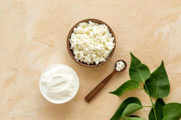 Breakfast still life. Cottage cheese in bowl, green branch top view