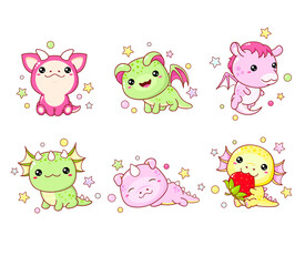 Obraz premium Collection of kawaii little dragons in various poses