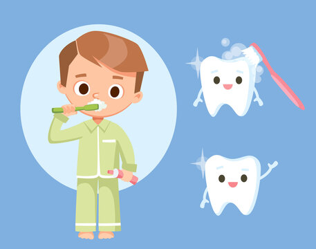 Image of boy in pajamas brushing teeth with tooth paste and tooth brush. Icon logo of smiling tooth for dentist dental clinik.