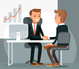 Office indoor space interior with manager speaking with new client. Business negotiations, talks with investor client broker. Employee reports to the boss on business meeting with partner