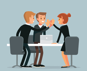 Office brotherhood cohesion unity. Office workers in a meeting room giving high five clapping each other hands. Office joint work fraternity. Business negotiations, talks with investor client broker.