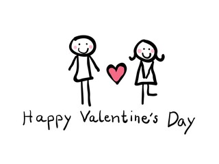 childish hand drawn minimal a couple man, a heart and woman for happy valentine's days hand writing vector design