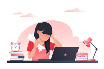 Young woman is working on a laptop. Stress at work, problem with solving tasks. Vector flat illustration for web design.