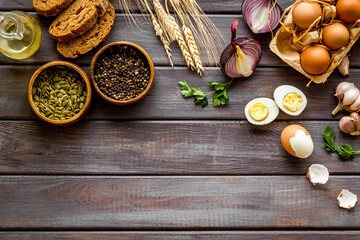 Food background. Dinner table with fresh homemade food. Top view