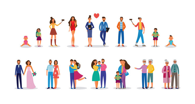 Stages of family development and life cycle - flat vector illustration isolated.