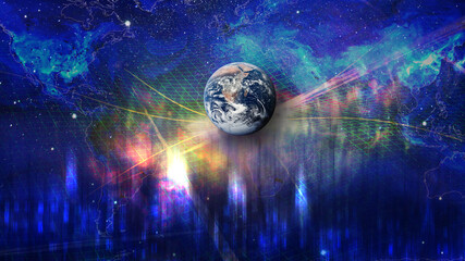 Planet Earth on the background of blurred lights of the city and world map. Concept on business, politics, ecology and media. Earth day abstract background. Elements of this image furnished by NASA.