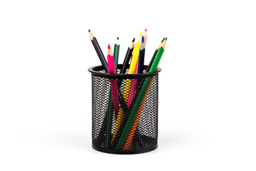 Back to school concept and Colorful pencils in wire mesh cup, isolated on white  background