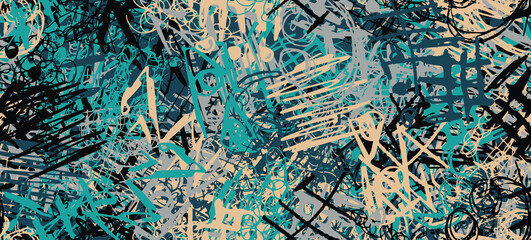 Grunge is multicolored. Abstract seamless background. The texture is repetitive. Template for printing on fabric, paper, wrapper. A chaotic backdrop of graffiti