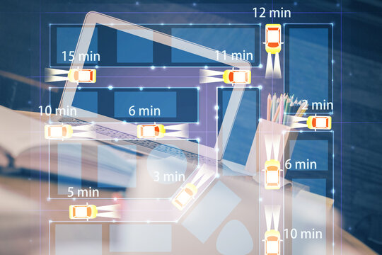 Desktop computer background in office with automobile hologram drawing. Multi exposure. Tech concept.