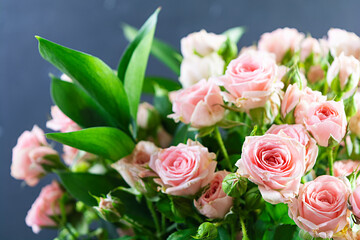 Bouquet of several branches of pink roses. Background of pink roses