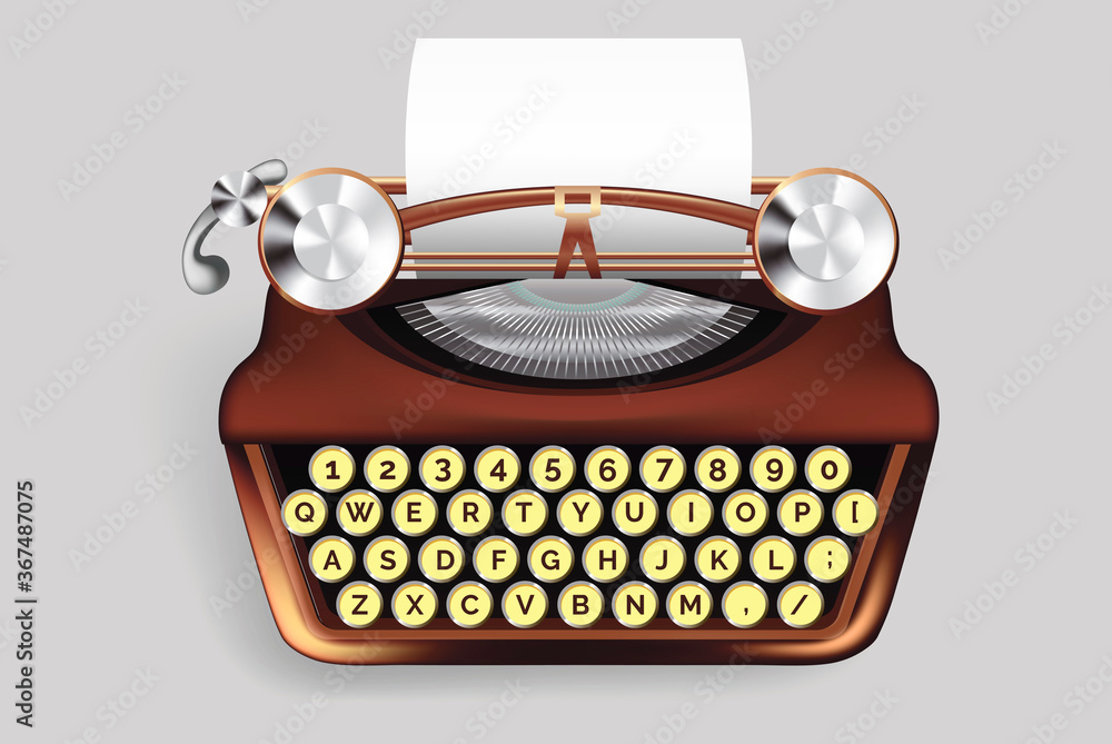 Poster realistic detailed 3d typewrite with empty paper sheet. vector