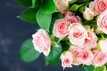 Bouquet of several branches of pink roses. Background of pink roses
