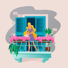 Cartoon Color Character Person Woman and Plants on Balcony Concept. Vector
