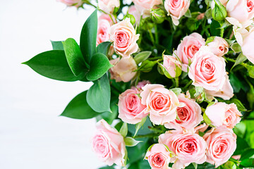 Bouquet of several branches of pink roses. Background of pink roses