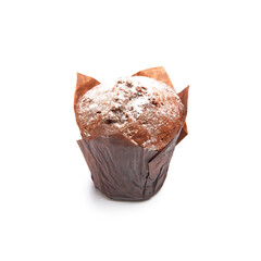 Tasty muffin cake in brown paper isolated on white background