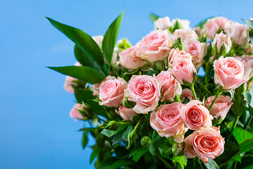 Bouquet of several branches of pink roses. Background of pink roses