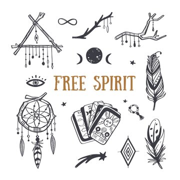Free spirit boho vector collection. Dreamcatchers, feathers, tarot cards and other mystical symbols
