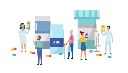 Medical drugstore and pharmacy concept with pills, people and bottles.