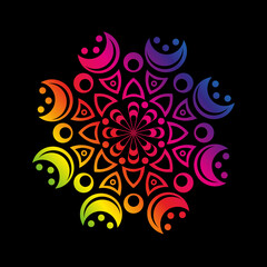 Multicolored rainbow mandala on black background. Round pattern, floral ornament. Beautiful symmetrical element. Antistress, relaxation