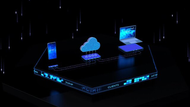 Cloud computing services and technology, data storage, laptop, mobile.