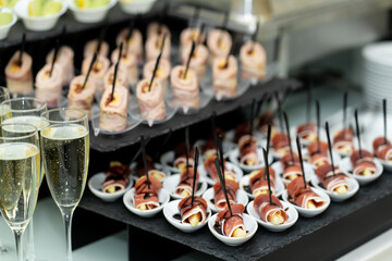 Festive buffet table with many snacks and appetizers