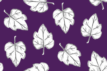 Seamless pattern with large black and white pumpkin or melon leaves with veins on a purple background. Great for textile, wrapping paper, scrapbooking and card design. 
