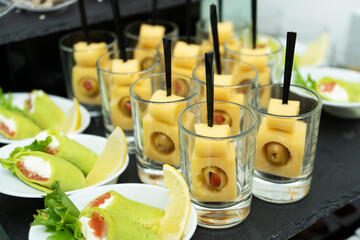 Festive buffet table with many snacks and appetizers