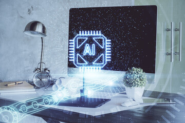 Double exposure of computer and technology theme hologram. Concept of freelance work.