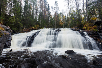 Beautiful Koivuköngäs waterfall during autumn time in Korouoma canyon near Posio, Northern Finland. 