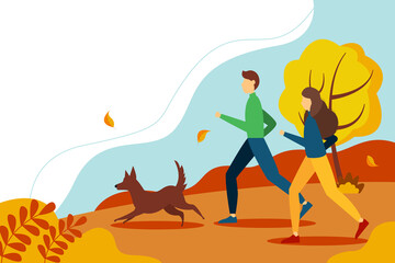 Man and woman running with the dog in the Park in autumn. Cute illustration in flat style.