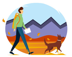 Traveler with the dog walking along the mountains and forests. The concept of active holiday in  autumn. Vector illustration in flat style.
