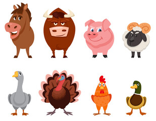 Set of farm animals front view. Male characters in cartoon style. © KurArt