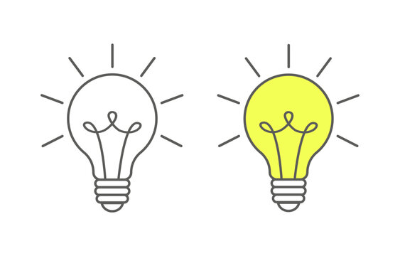 Set of light bulb with rays shine. Energy and idea symbol isolated on white background. Vector doodle lineart illustration. Design for greeting cards, patches, prints, badges, posters